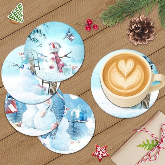 Stone Christmas Coaster, Set of 6, Happy Snowman Winter Landscape - Picture 2 of 7